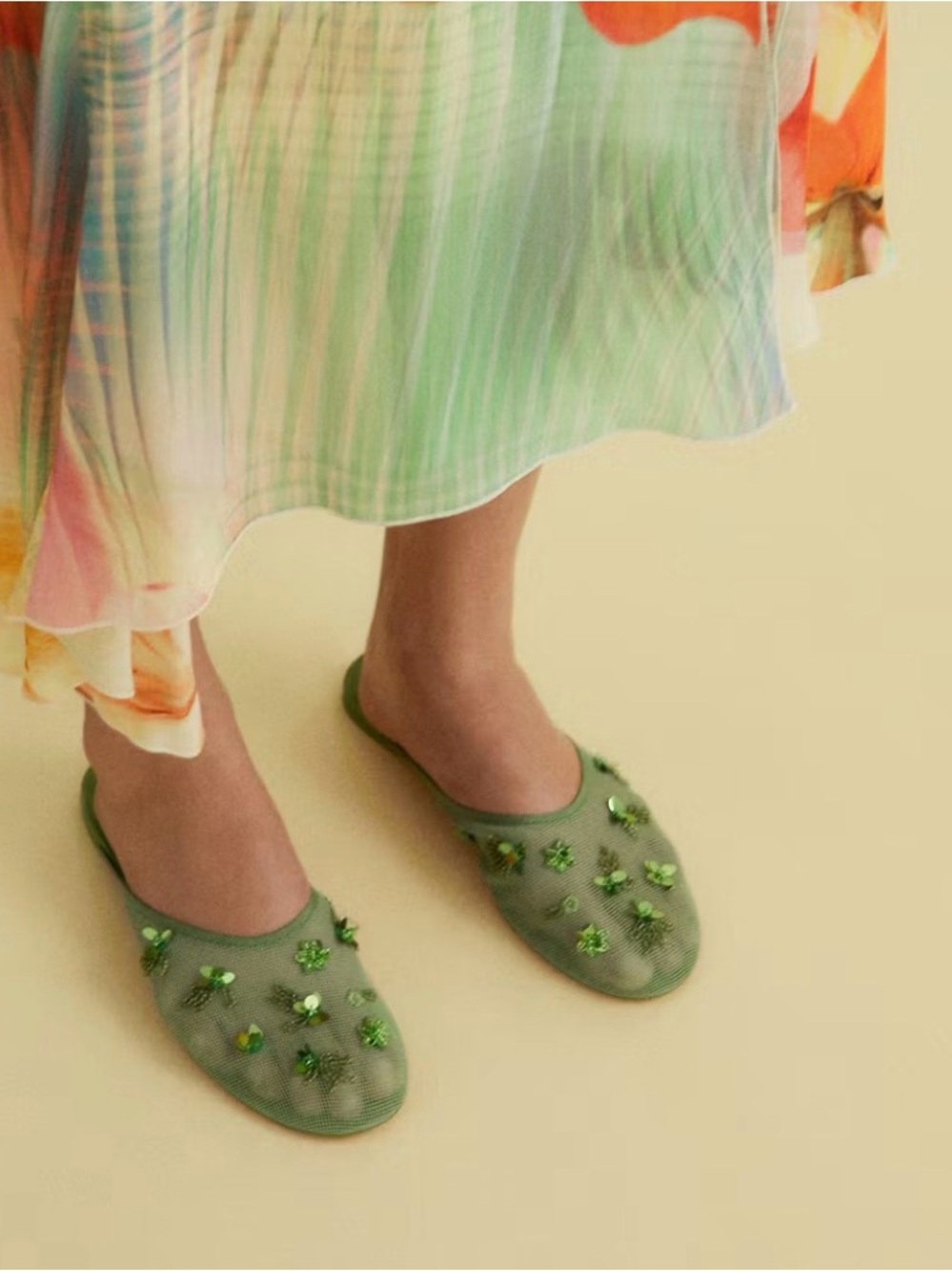 Mango Green Embellished Mesh Slip-Ons